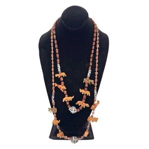 Pair of Vintage Handcarved African Safari Animals Beaded Necklaces